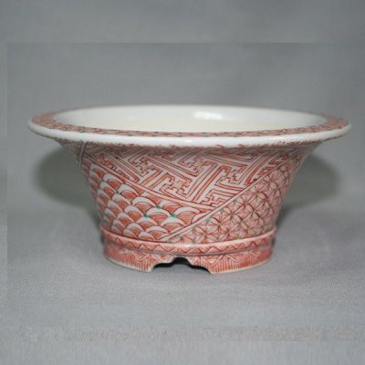 Photo1: Kutani Ware Round Pot “Eisho” Akae Komon pattern / D130mm