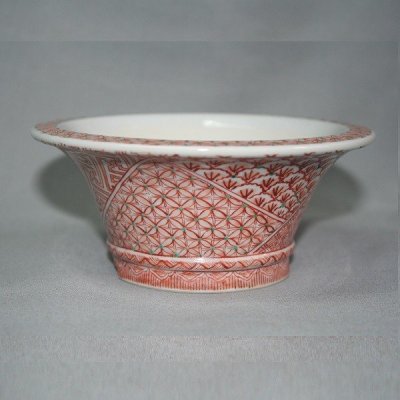 Photo2: Kutani Ware Round Pot “Eisho” Akae Komon pattern / D130mm