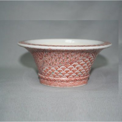 Photo4: Kutani Ware Round Pot “Eisho” Akae Komon pattern / D130mm