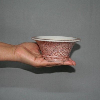 Photo9: Kutani Ware Round Pot “Eisho” Akae Komon pattern / D130mm