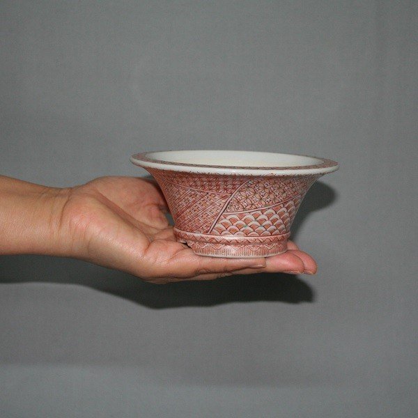 Photo9: Kutani Ware Round Pot “Eisho” Akae Komon pattern / D130mm (9)